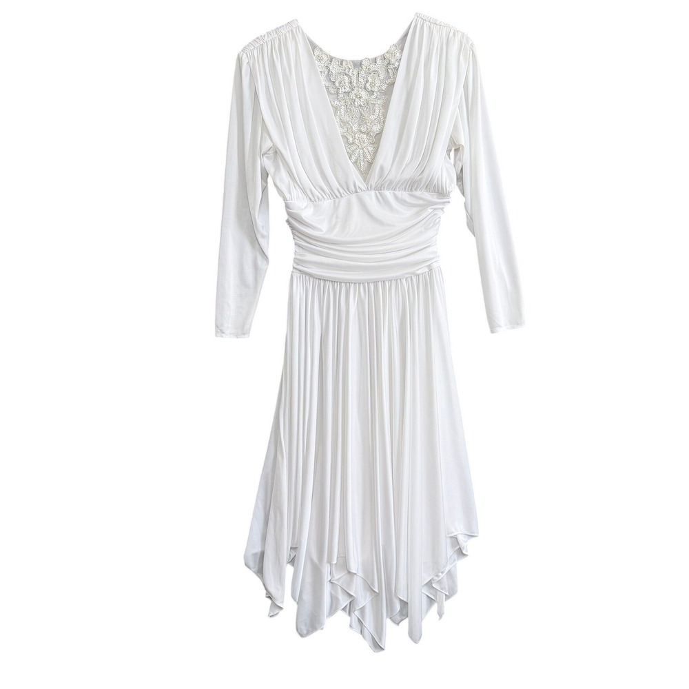 Betsy & Adam White Ruched V Neck Beaded Embellished Midi Dress Y2K Elegant‎ LWD